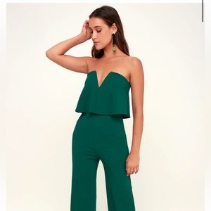 Lulu’s Power of Love Dark Green Strapless Jumpsuit NWT Size Small